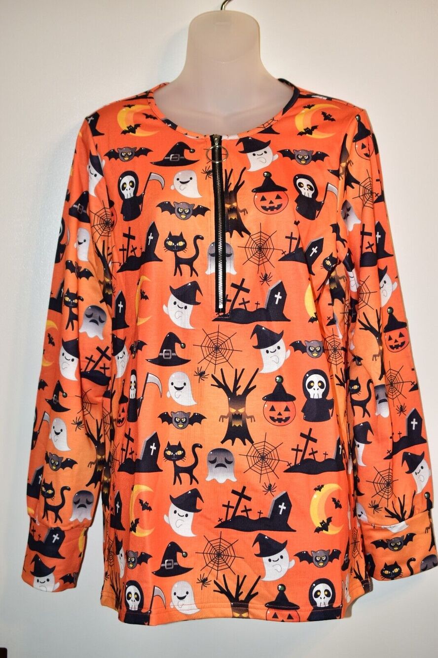Noracora M NWT Halloween Top Long Sleeve Oversize Ghost Pumpkin Cat Orange Black